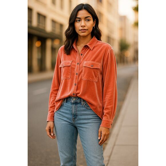 easel Tops - New Easel Los Angeles Coral Velvet Button Down Shirt M Oversized Long Sleeve
